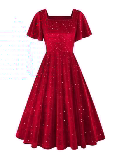 Tonval točkaste baršunasto zelene elegantne večernje božićne zimske haljine za žene Vintage midi swing haljina s kvadratnim izrezom i rukavima s volanima