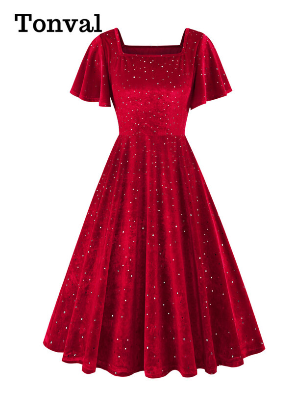 Tonval točkaste baršunasto zelene elegantne večernje božićne zimske haljine za žene Vintage midi swing haljina s kvadratnim izrezom i rukavima s volanima