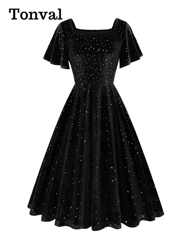 Tonval točkaste baršunasto zelene elegantne večernje božićne zimske haljine za žene Vintage midi swing haljina s kvadratnim izrezom i rukavima s volanima