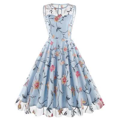 2024. aasta uus vintage elegantne sünnipäevakleit Luksuslik naiste lilledega tikitud varrukateta võrkkleit Retro Midi kleit