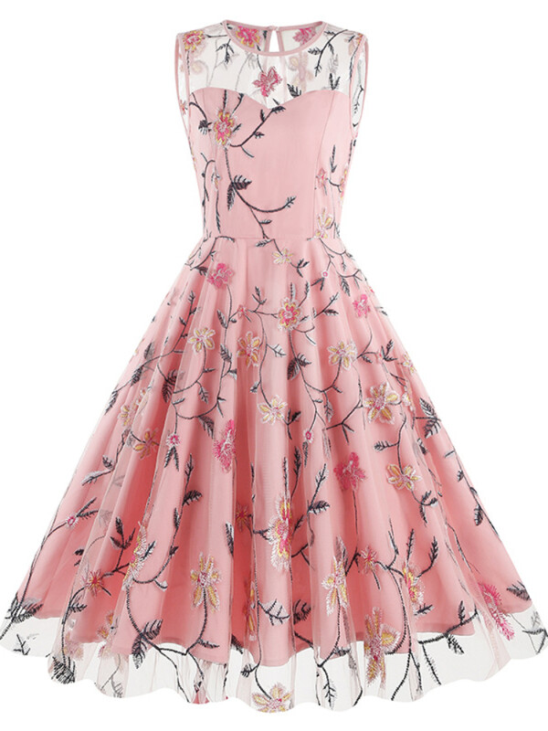 2024. aasta uus vintage elegantne sünnipäevakleit Luksuslik naiste lilledega tikitud varrukateta võrkkleit Retro Midi kleit