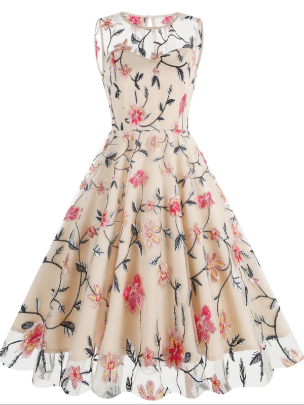 2024. aasta uus vintage elegantne sünnipäevakleit Luksuslik naiste lilledega tikitud varrukateta võrkkleit Retro Midi kleit