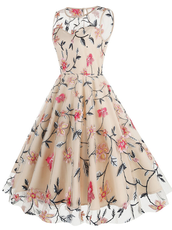 2024. aasta uus vintage elegantne sünnipäevakleit Luksuslik naiste lilledega tikitud varrukateta võrkkleit Retro Midi kleit