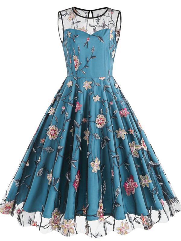 2024. aasta uus vintage elegantne sünnipäevakleit Luksuslik naiste lilledega tikitud varrukateta võrkkleit Retro Midi kleit