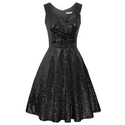 GK naiste varrukateta õhtukleit sädelev litritega paakkleit naiste kokteilipeokleit, V-kaelusega laienev A-joonega kleit