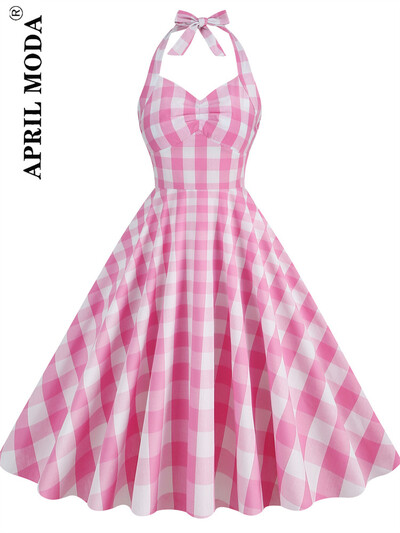 Κομψό καλοκαιρινό ρετρό ρετρό vintage φόρεμα Hepburn Αγγλία Στυλ σπαγγέτι λουράκια καρό στάμπα σέξι ταλάντευση στολή Pinup Flare Tea Φόρεμα