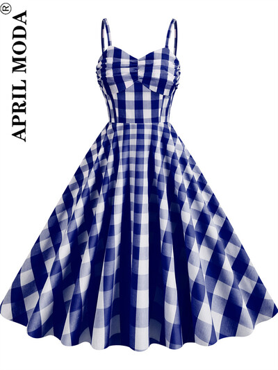 Κομψό καλοκαιρινό ρετρό ρετρό vintage φόρεμα Hepburn Αγγλία Στυλ σπαγγέτι λουράκια καρό στάμπα σέξι ταλάντευση στολή Pinup Flare Tea Φόρεμα