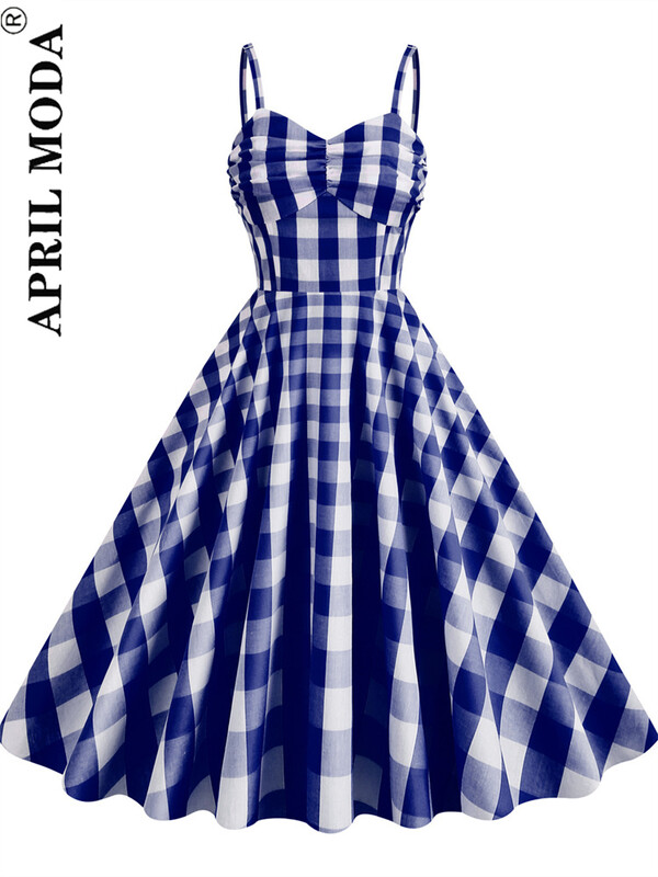 Κομψό καλοκαιρινό ρετρό ρετρό vintage φόρεμα Hepburn Αγγλία Στυλ σπαγγέτι λουράκια καρό στάμπα σέξι ταλάντευση στολή Pinup Flare Tea Φόρεμα