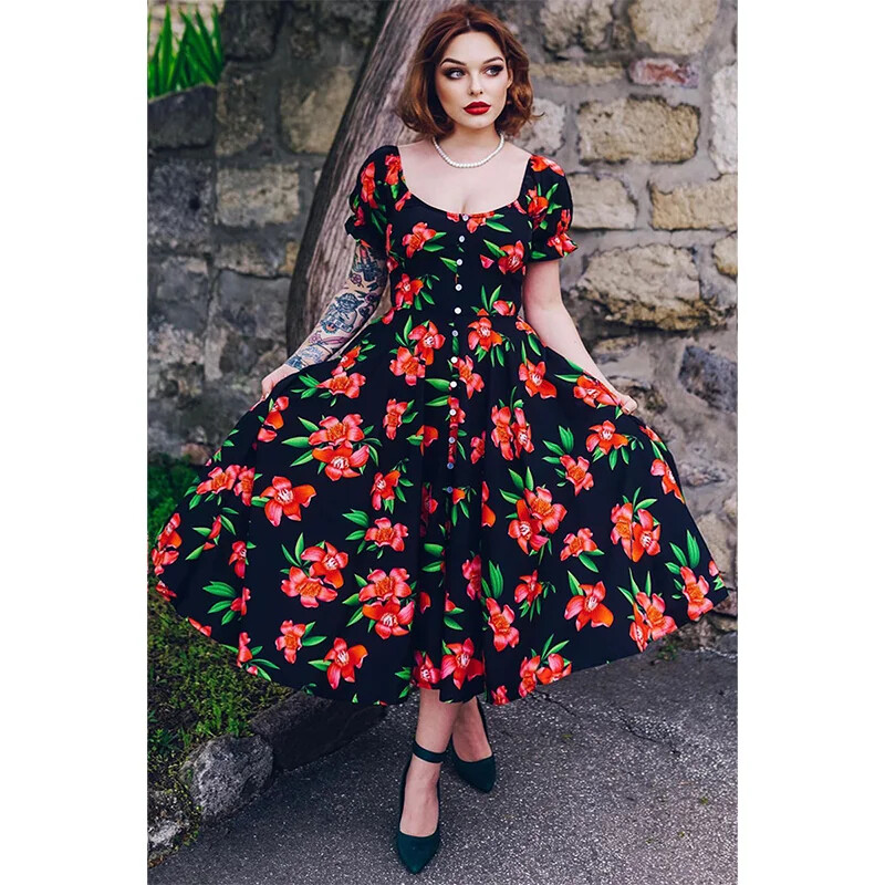 Didelio dydžio miela moteriška suknelė su gėlėmis, juoda vakarėliu spausdinta ant peties, viena eilė, prigludusi juosmens, varpelio midi suknelė