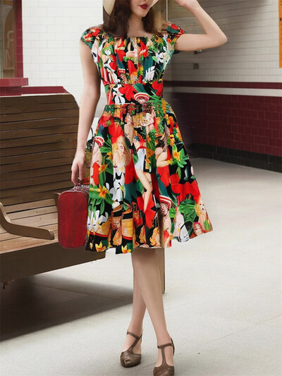 2024 Rochie tunică leagăn pentru pistă de vară cu mâneci scurte de vacanță elegantă, linie A, rochii de petrecere a ceaiului din anii 1950