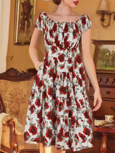 2024 Rochie tunică leagăn pentru pistă de vară cu mâneci scurte de vacanță elegantă, linie A, rochii de petrecere a ceaiului din anii 1950