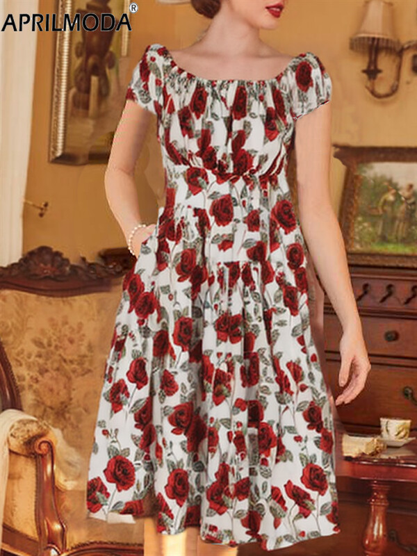 2024 Rochie tunică leagăn pentru pistă de vară cu mâneci scurte de vacanță elegantă, linie A, rochii de petrecere a ceaiului din anii 1950