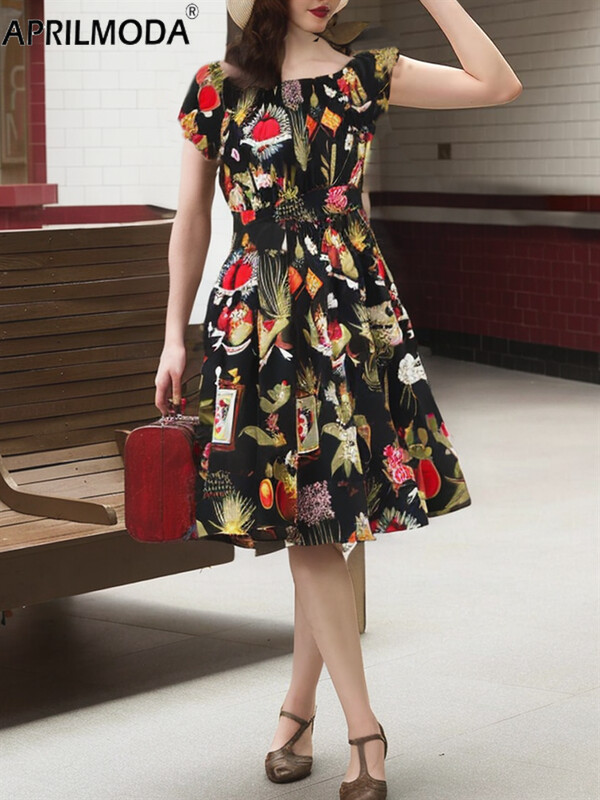 2024 Rochie tunică leagăn pentru pistă de vară cu mâneci scurte de vacanță elegantă, linie A, rochii de petrecere a ceaiului din anii 1950