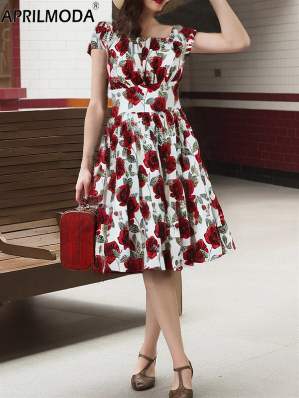 2024 Rochie tunică leagăn pentru pistă de vară cu mâneci scurte de vacanță elegantă, linie A, rochii de petrecere a ceaiului din anii 1950