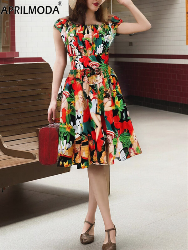 2024 Rochie tunică leagăn pentru pistă de vară cu mâneci scurte de vacanță elegantă, linie A, rochii de petrecere a ceaiului din anii 1950