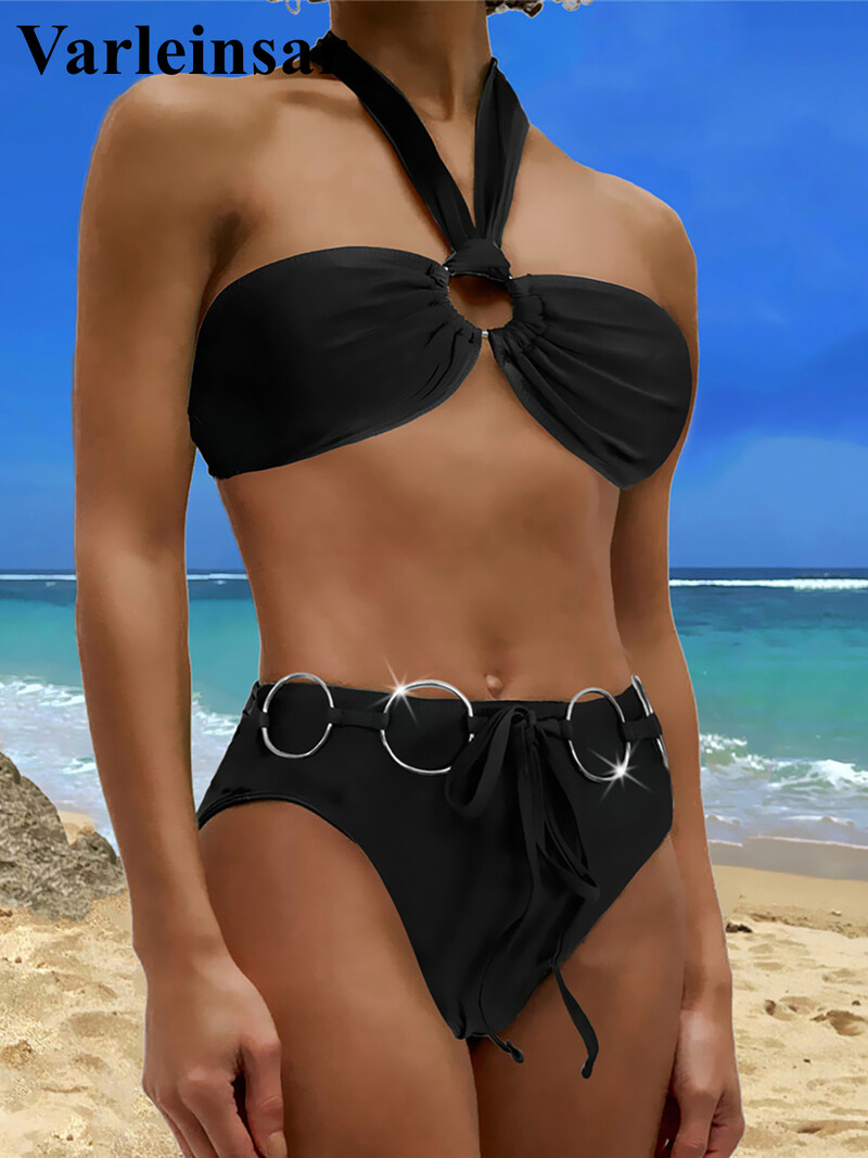 S - XL Halter Metal Rings Brazilian Bikini Moteriškas maudymosi kostiumėlis Moteriškas maudymosi kostiumėlis Dviejų dalių bikinio rinkinys Maudymosi kostiumėlis Swim V5804
