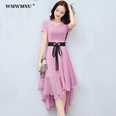 Ebaregulaarne ääris vööga šifoonist kleit naiste suvine elegantne lühikeste varrukatega plisseeritud A-joonega kleidid Korea Vestidos De Fiesta Rüü Femme