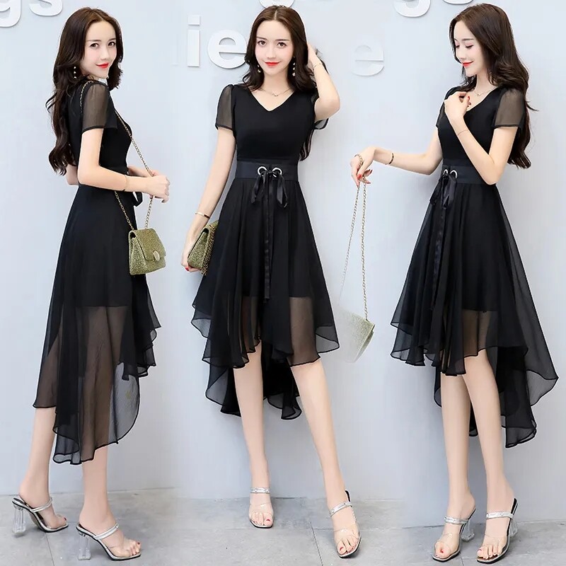 Ebaregulaarne ääris vööga šifoonist kleit naiste suvine elegantne lühikeste varrukatega plisseeritud A-joonega kleidid Korea Vestidos De Fiesta Rüü Femme