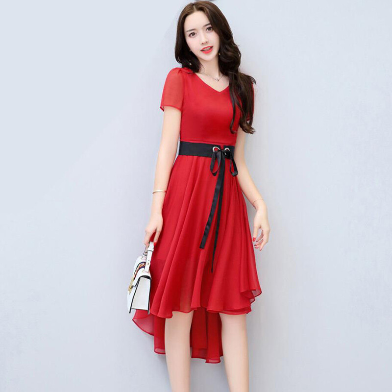 Ebaregulaarne ääris vööga šifoonist kleit naiste suvine elegantne lühikeste varrukatega plisseeritud A-joonega kleidid Korea Vestidos De Fiesta Rüü Femme