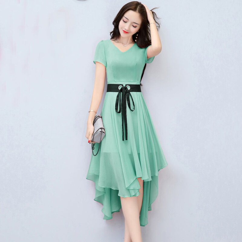 Ebaregulaarne ääris vööga šifoonist kleit naiste suvine elegantne lühikeste varrukatega plisseeritud A-joonega kleidid Korea Vestidos De Fiesta Rüü Femme