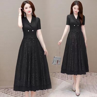 Elegantiška netikra dviejų dalių nėriniuota suknelė, moteriška 2024 m. vasarą, nauja V formos iškirptė juosmuo plonas, vidutinio ilgio, paprastas milžiniškas sūpynės, motininė, žalia, elastinga suknelė