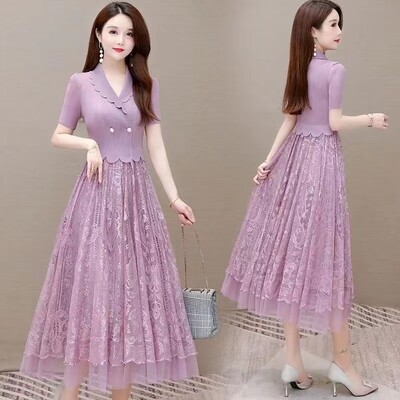 Elegantiška netikra dviejų dalių nėriniuota suknelė, moteriška 2024 m. vasarą, nauja V formos iškirptė juosmuo plonas, vidutinio ilgio, paprastas milžiniškas sūpynės, motininė, žalia, elastinga suknelė