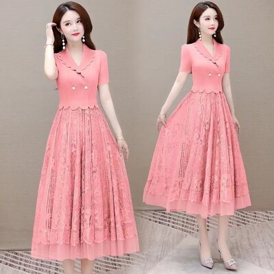 Elegantiška netikra dviejų dalių nėriniuota suknelė, moteriška 2024 m. vasarą, nauja V formos iškirptė juosmuo plonas, vidutinio ilgio, paprastas milžiniškas sūpynės, motininė, žalia, elastinga suknelė