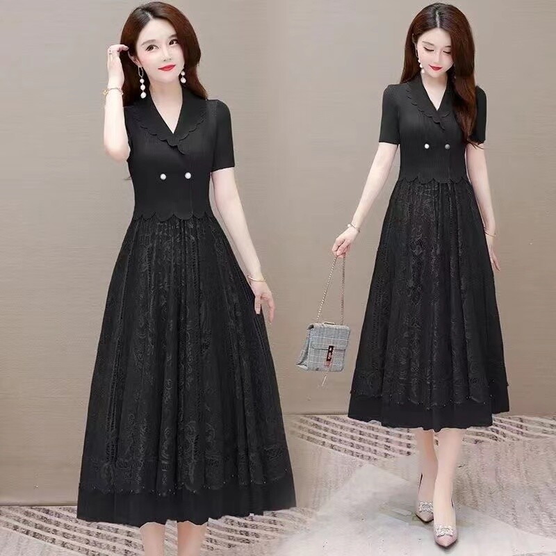 Elegantiška netikra dviejų dalių nėriniuota suknelė, moteriška 2024 m. vasarą, nauja V formos iškirptė juosmuo plonas, vidutinio ilgio, paprastas milžiniškas sūpynės, motininė, žalia, elastinga suknelė