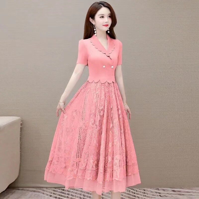 Elegantiška netikra dviejų dalių nėriniuota suknelė, moteriška 2024 m. vasarą, nauja V formos iškirptė juosmuo plonas, vidutinio ilgio, paprastas milžiniškas sūpynės, motininė, žalia, elastinga suknelė