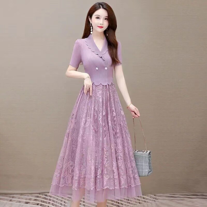 Elegantiška netikra dviejų dalių nėriniuota suknelė, moteriška 2024 m. vasarą, nauja V formos iškirptė juosmuo plonas, vidutinio ilgio, paprastas milžiniškas sūpynės, motininė, žalia, elastinga suknelė