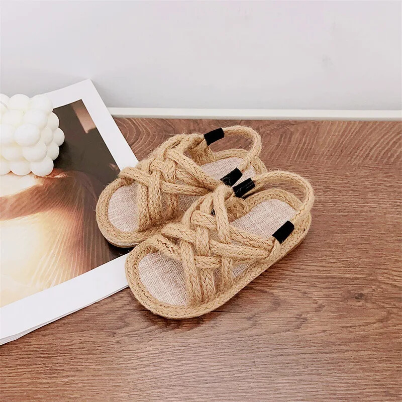 Nove dječje sandale za ljeto 2024., pletene sandale s otvorenim prstima za djevojčice, papuče s ravnim dnom