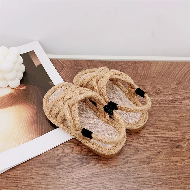 Nove dječje sandale za ljeto 2024., pletene sandale s otvorenim prstima za djevojčice, papuče s ravnim dnom