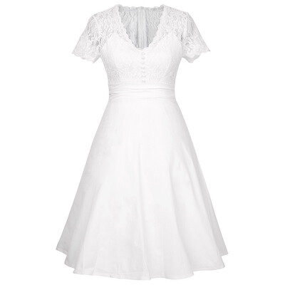 2024. aasta suve uue Ameerika moe temperamendiga valge pitskleit Seksikas vintage õmblusega V-kaelusega vabaaja lühikeste varrukatega peokleidid