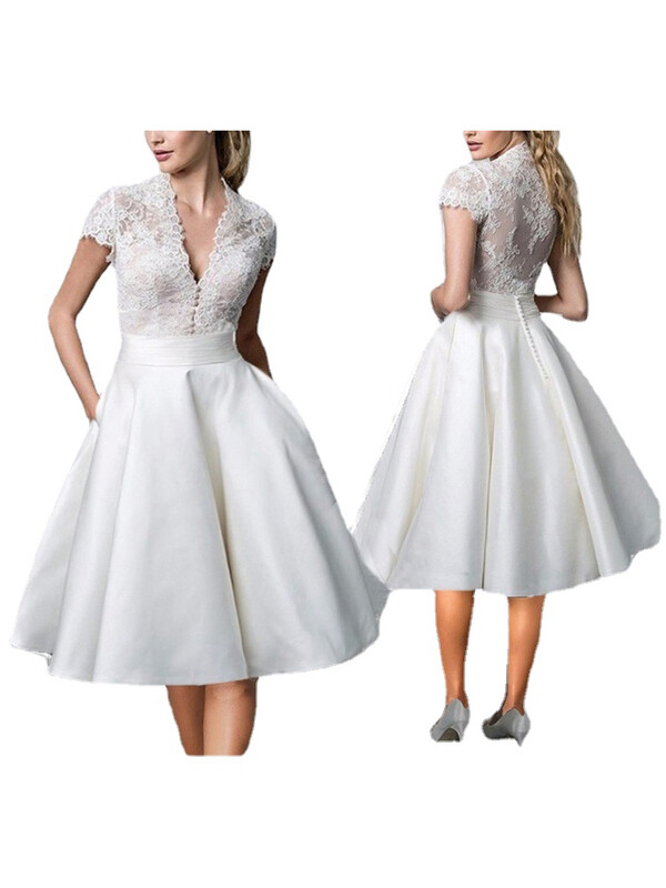 2024. aasta suve uue Ameerika moe temperamendiga valge pitskleit Seksikas vintage õmblusega V-kaelusega vabaaja lühikeste varrukatega peokleidid