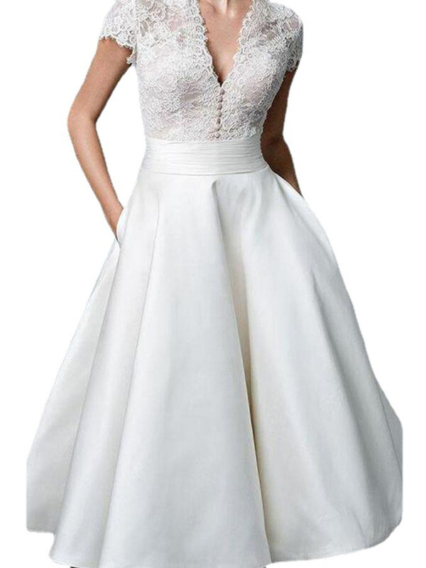 2024. aasta suve uue Ameerika moe temperamendiga valge pitskleit Seksikas vintage õmblusega V-kaelusega vabaaja lühikeste varrukatega peokleidid