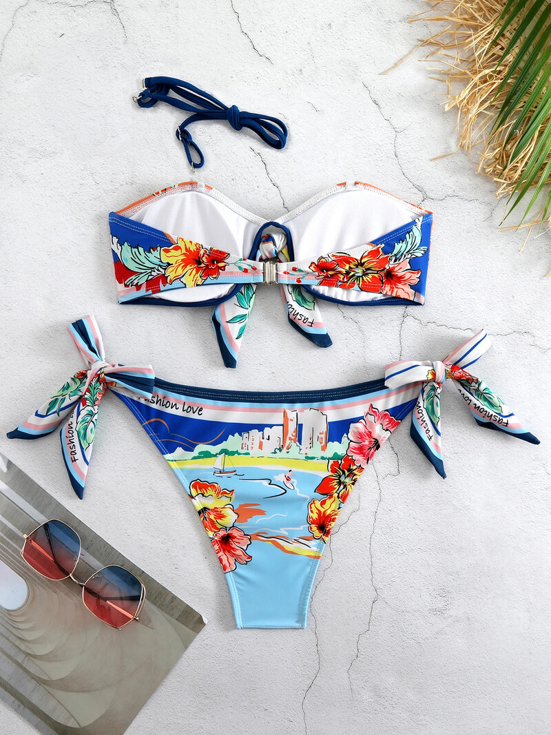 Set bikini sexy din două piese cu umăr dezactivat Costum de baie Costum de baie separat 2024 Trend Print Floral Beach Costume Trunchi de baie