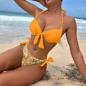 Bikini Set de bikini cu bandă cu bretele, culoare uni, galben albastru, costum de baie cu push up, costum de baie brazilian, S-Xl