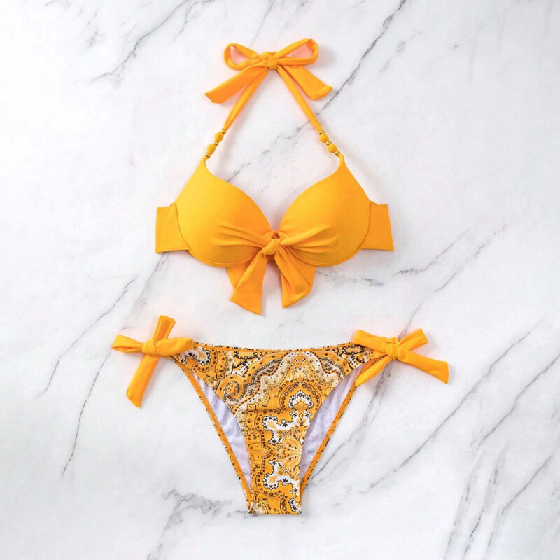 Bikini Set de bikini cu bandă cu bretele, culoare uni, galben albastru, costum de baie cu push up, costum de baie brazilian, S-Xl
