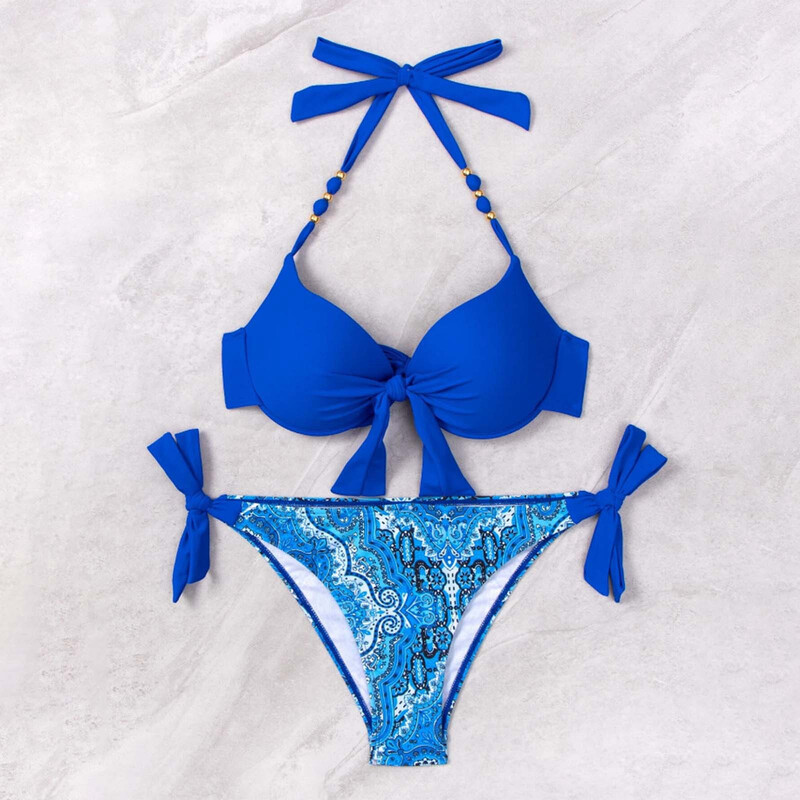 Bikini Set de bikini cu bandă cu bretele, culoare uni, galben albastru, costum de baie cu push up, costum de baie brazilian, S-Xl