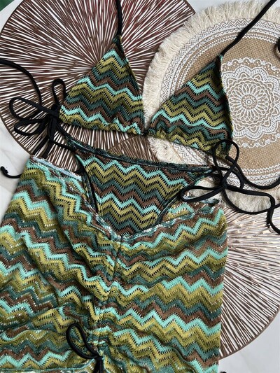 Naiste ujumistrikoo värviline vahtralehtedega kootud naiste bikiiniseelik, kolmeosaline komplekt, poolitatud ujumistrikoo bikiinid, suurus S-XL