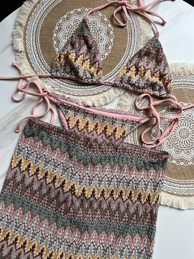 Naiste ujumistrikoo värviline vahtralehtedega kootud naiste bikiiniseelik, kolmeosaline komplekt, poolitatud ujumistrikoo bikiinid, suurus S-XL