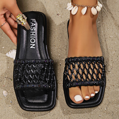 Vasaros moteriškos plokščios šlepetės, pynimo dizaino, šlepetės, sodo batai lauke, patogūs paplūdimio laisvalaikio lengvi basutės