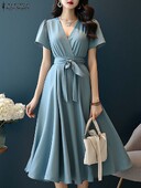 ZANZEA 2024 Elegantiškos trumpomis rankovėmis A formos suknelės moteriškos madingos vienspalvės išeiginės suknelės su diržu, laisvalaikis V kaklo vidutinio dydžio saulės suknelė