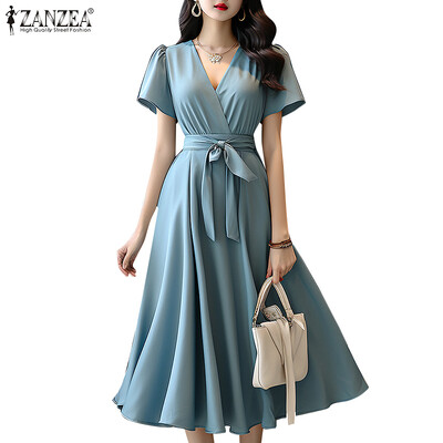 ZANZEA 2024 Elegantiškos trumpomis rankovėmis A formos suknelės moteriškos madingos vienspalvės išeiginės suknelės su diržu, laisvalaikis V kaklo vidutinio dydžio saulės suknelė