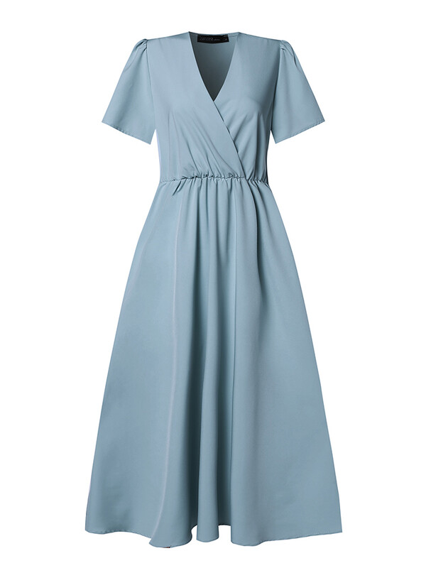 ZANZEA 2024 Elegantiškos trumpomis rankovėmis A formos suknelės moteriškos madingos vienspalvės išeiginės suknelės su diržu, laisvalaikis V kaklo vidutinio dydžio saulės suknelė
