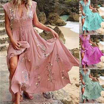 Bohemian Floral print Γυναικείο μακρύ φόρεμα παραλίας V λαιμόκοψη Ελαστική μέση Κομψά γυναικεία καλοκαιρινά φορέματα 2023 Fashion Vestidos Robe