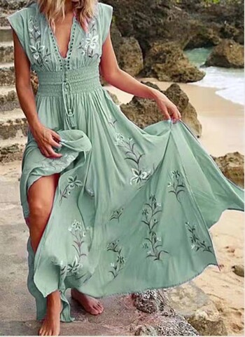 Bohemian Floral print Γυναικείο μακρύ φόρεμα παραλίας V λαιμόκοψη Ελαστική μέση Κομψά γυναικεία καλοκαιρινά φορέματα 2023 Fashion Vestidos Robe