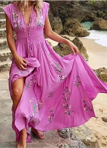 Bohemian Floral print Γυναικείο μακρύ φόρεμα παραλίας V λαιμόκοψη Ελαστική μέση Κομψά γυναικεία καλοκαιρινά φορέματα 2023 Fashion Vestidos Robe