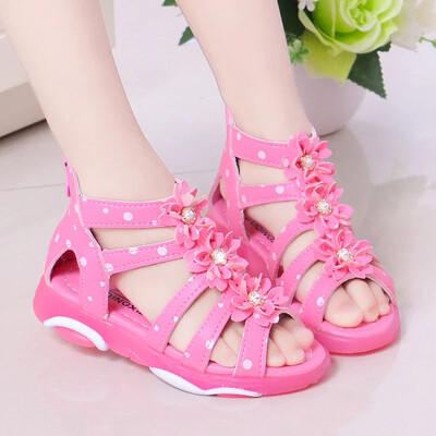 Tüdrukute sandaalid Lilled Lastele Rooma sandaalid Laste Gladiaatorijalatsid Pehmest nahast täppidega Tõmblukuga Pärlitest pärlitega 1-12-aastane väikelaps