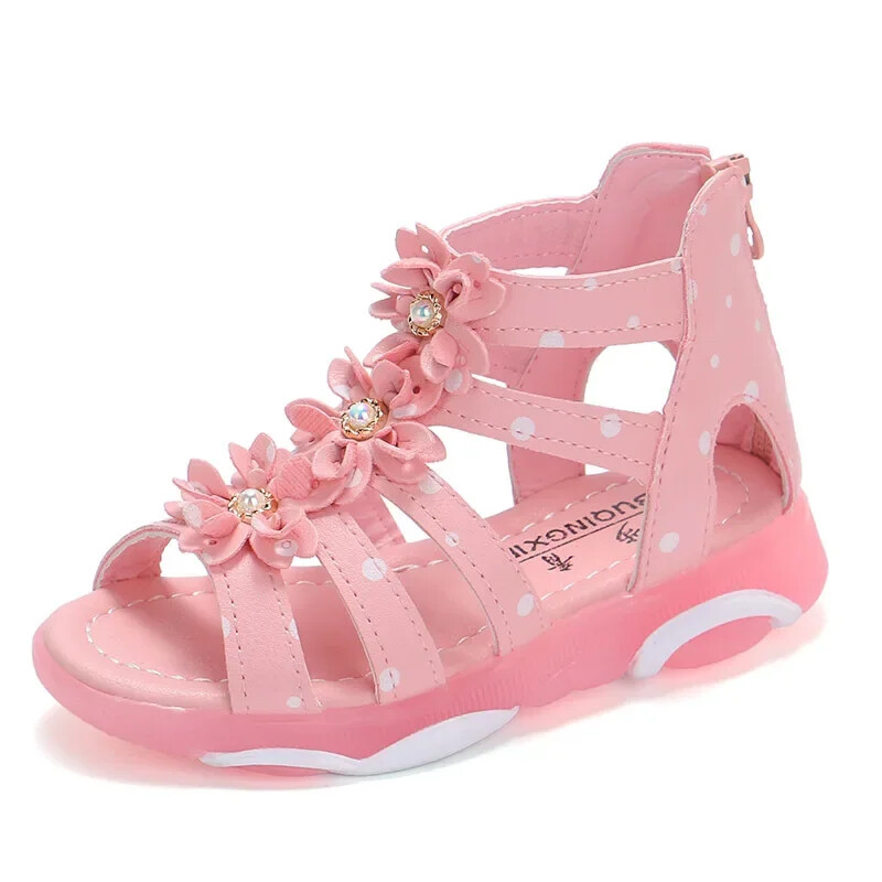 Tüdrukute sandaalid Lilled Lastele Rooma sandaalid Laste Gladiaatorijalatsid Pehmest nahast täppidega Tõmblukuga Pärlitest pärlitega 1-12-aastane väikelaps